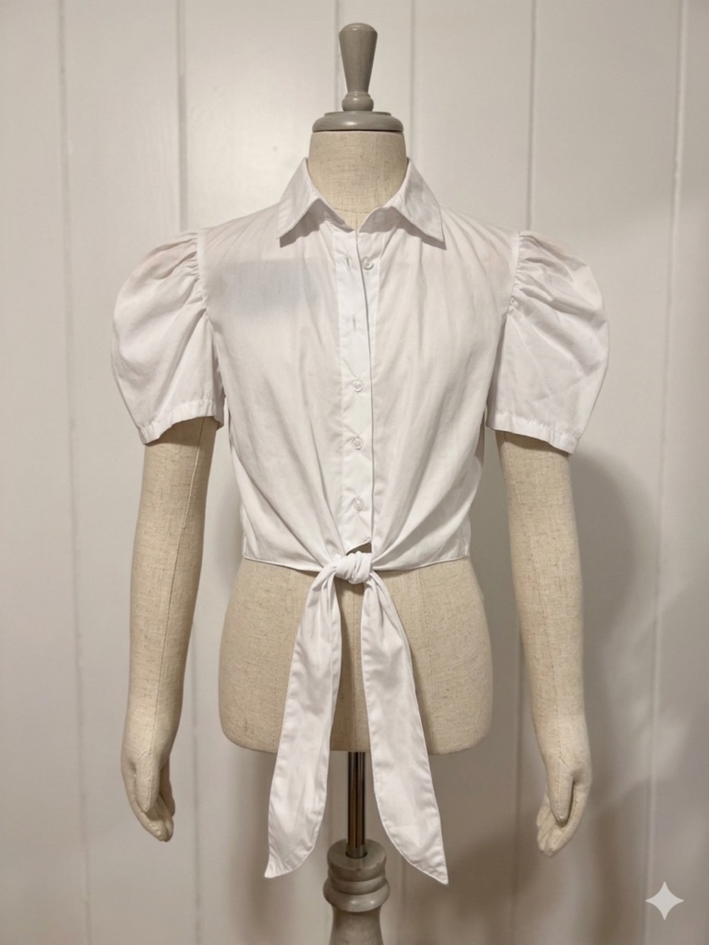 Flowers by Zoe White Tie-Front Puff Sleeve Button-Down Top